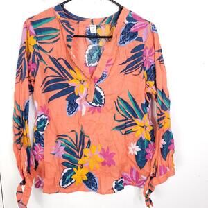 Old Navy Top Womens M Popover V Neck Colorful Floral Tropical Vibrant Tie Sleeve